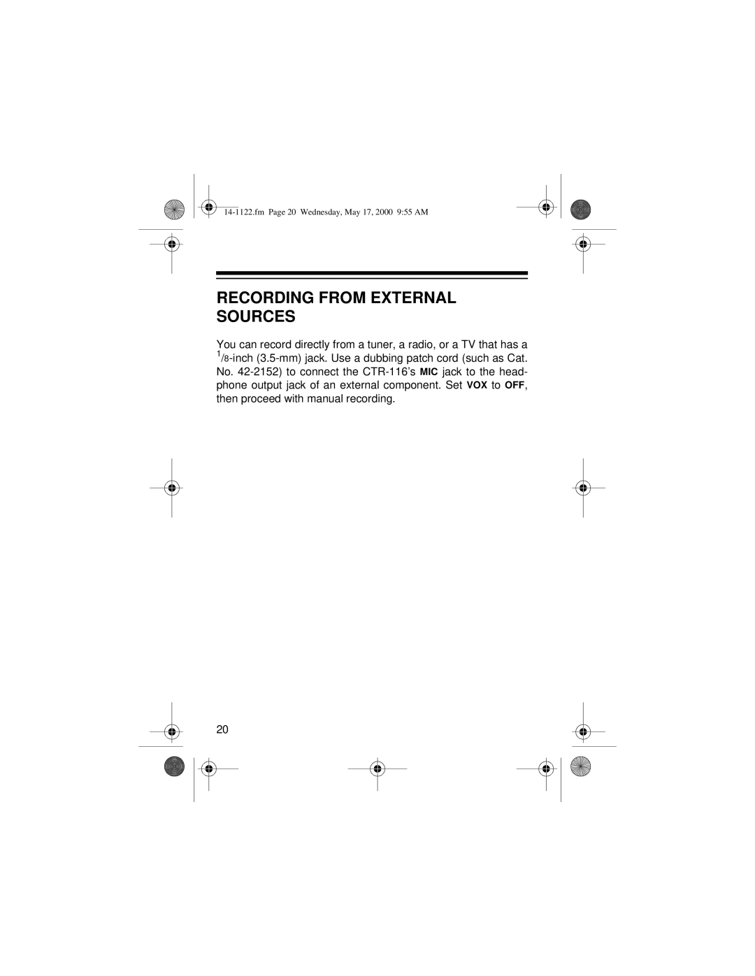 Optimus CTR-116 owner manual Recording from External Sources 