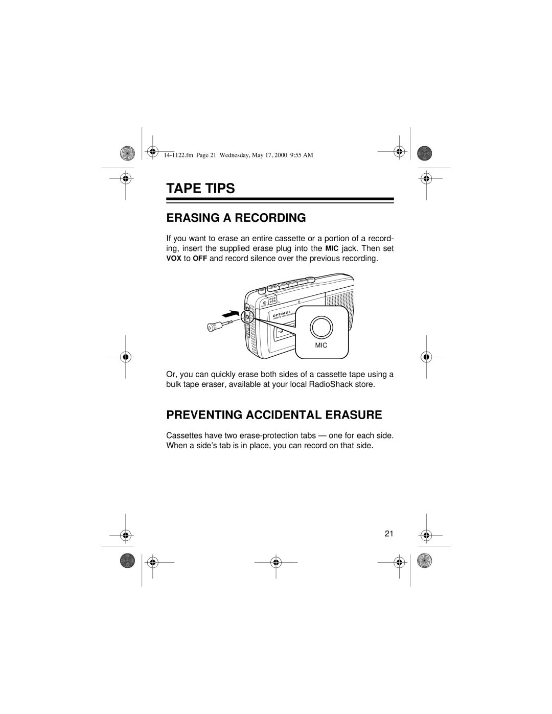 Optimus CTR-116 owner manual Tape Tips, Erasing a Recording, Preventing Accidental Erasure 