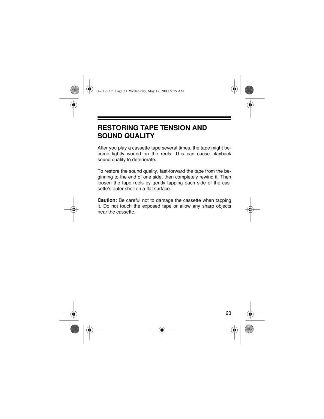 Optimus CTR-116 owner manual Restoring Tape Tension and Sound Quality 