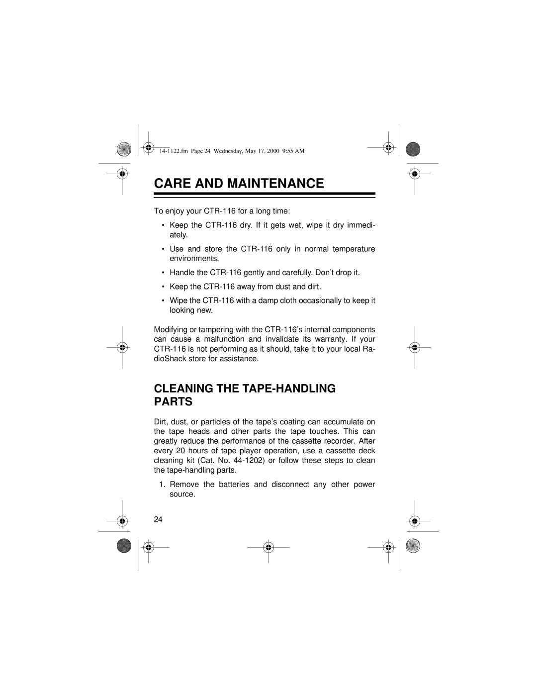 Optimus CTR-116 owner manual Care and Maintenance, Cleaning the TAPE-HANDLING Parts 