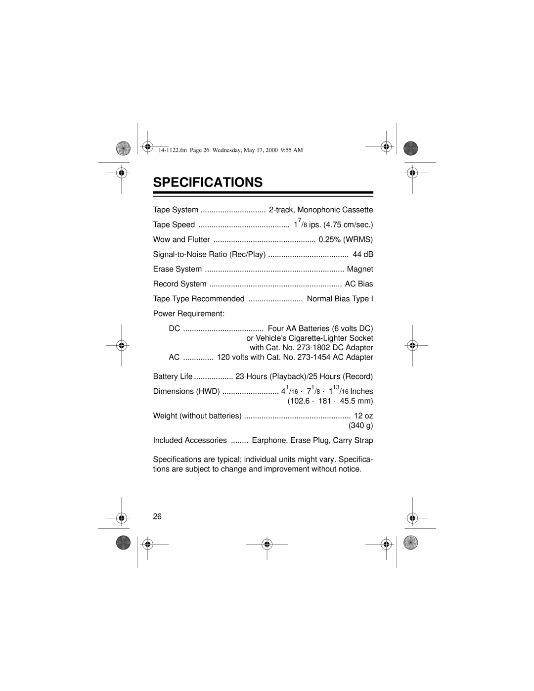 Optimus CTR-116 owner manual Specifications 