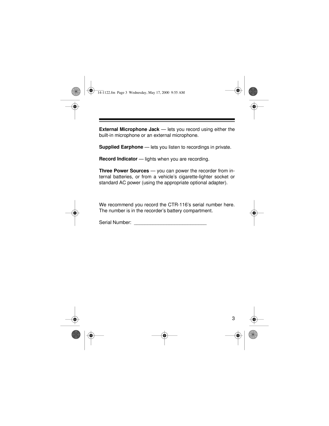 Optimus CTR-116 owner manual Fm Page 3 Wednesday, May 17, 2000 955 AM 