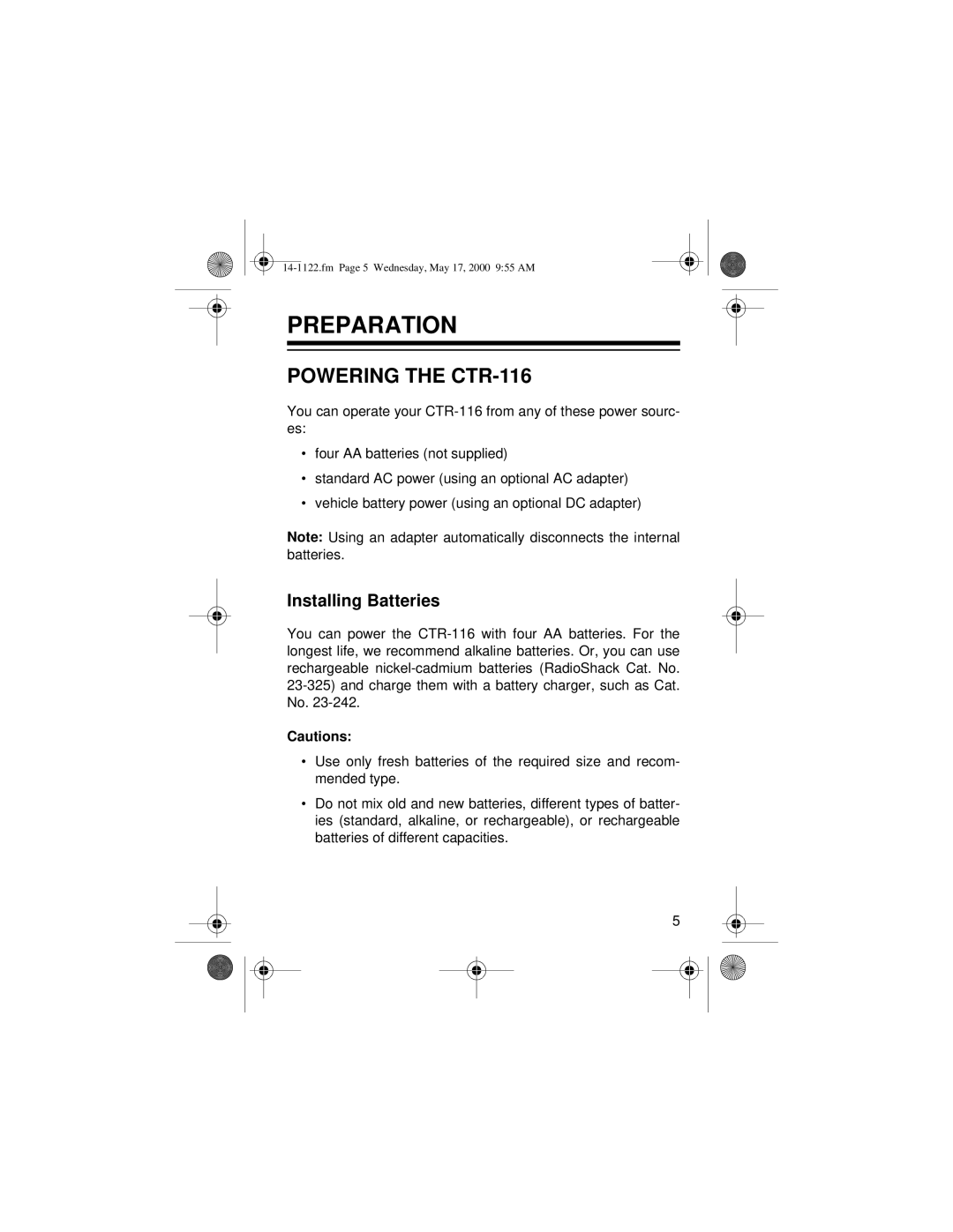 Optimus owner manual Preparation, Powering the CTR-116, Installing Batteries 