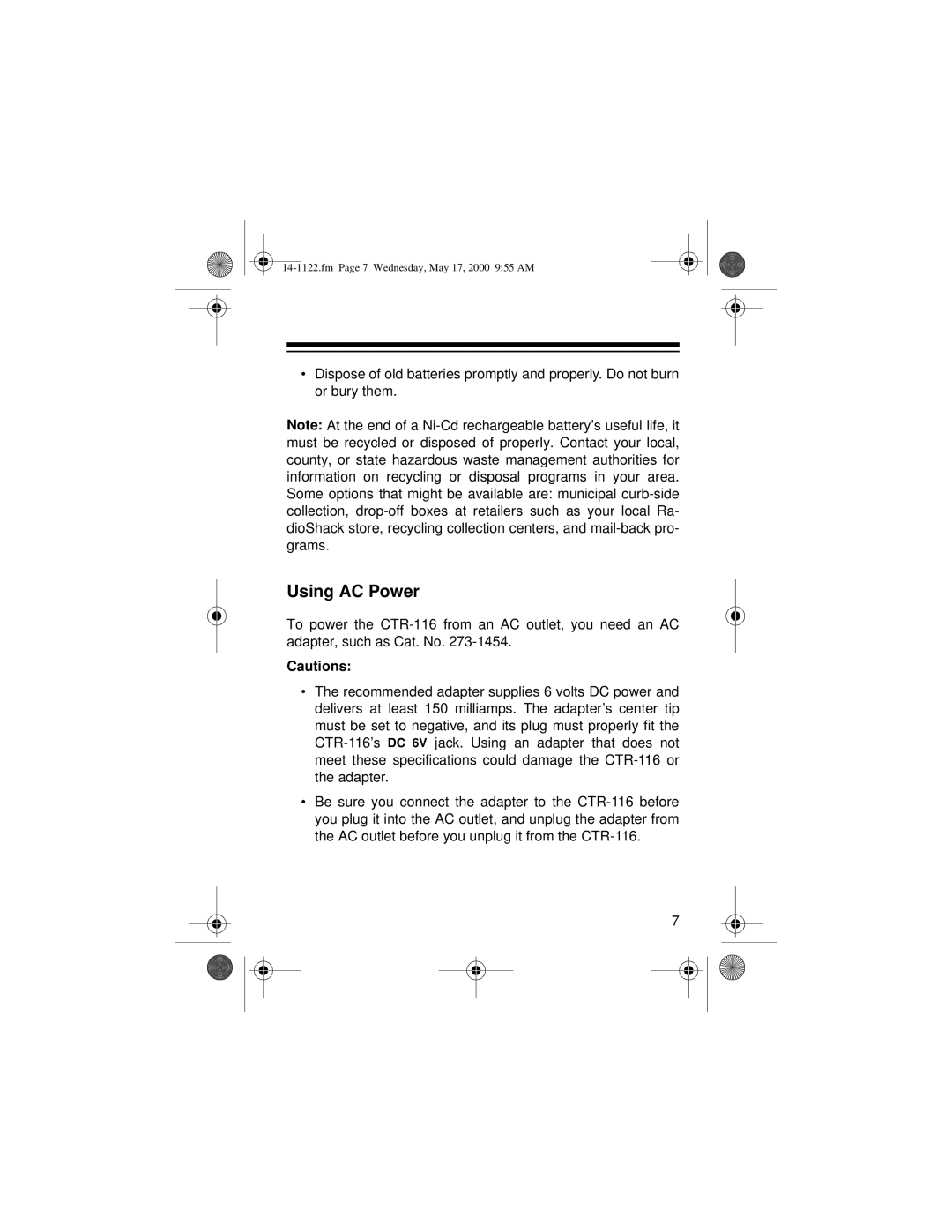 Optimus CTR-116 owner manual Using AC Power 