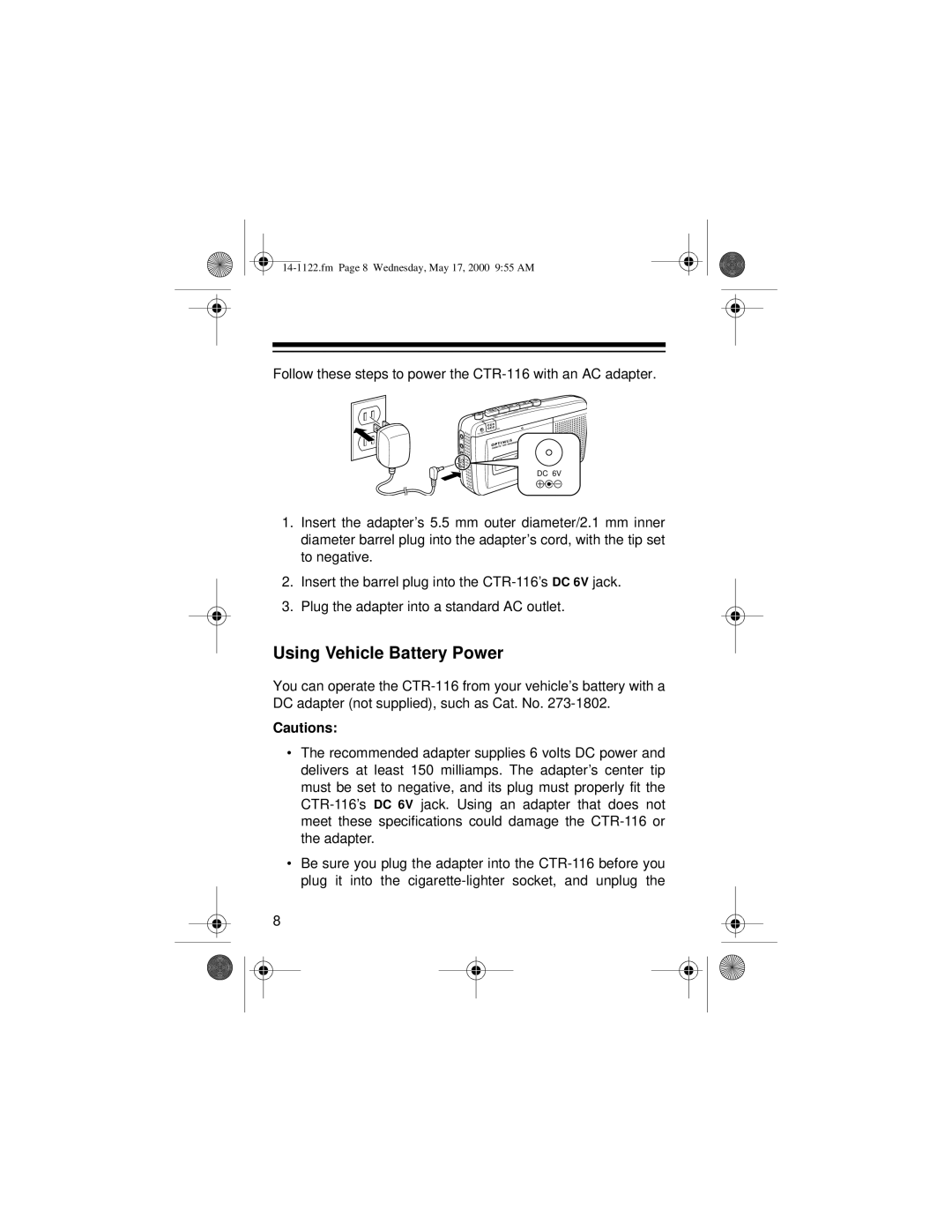 Optimus CTR-116 owner manual Using Vehicle Battery Power 