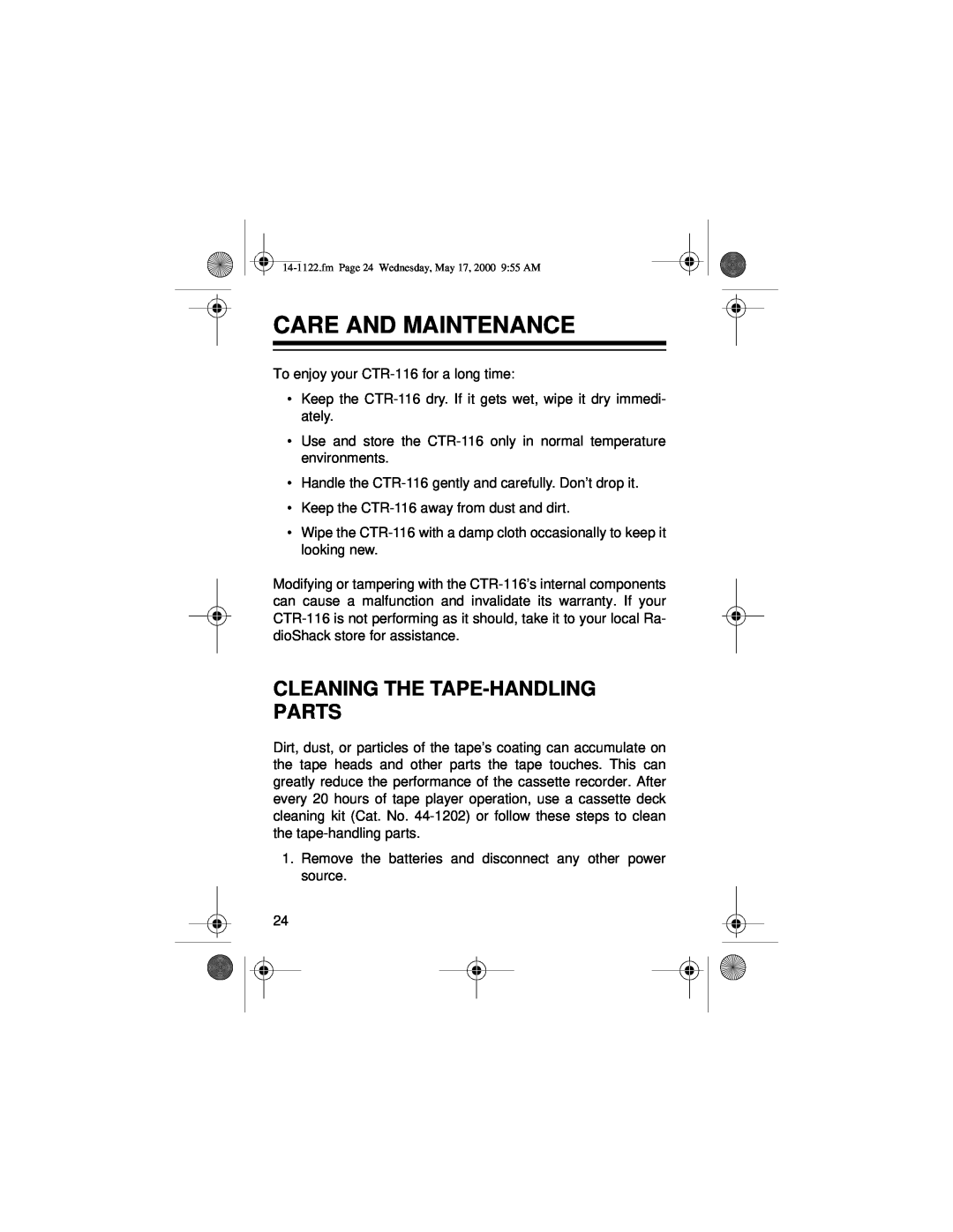 Optimus CTR-116 owner manual Care And Maintenance, Cleaning The Tape-Handlingparts 
