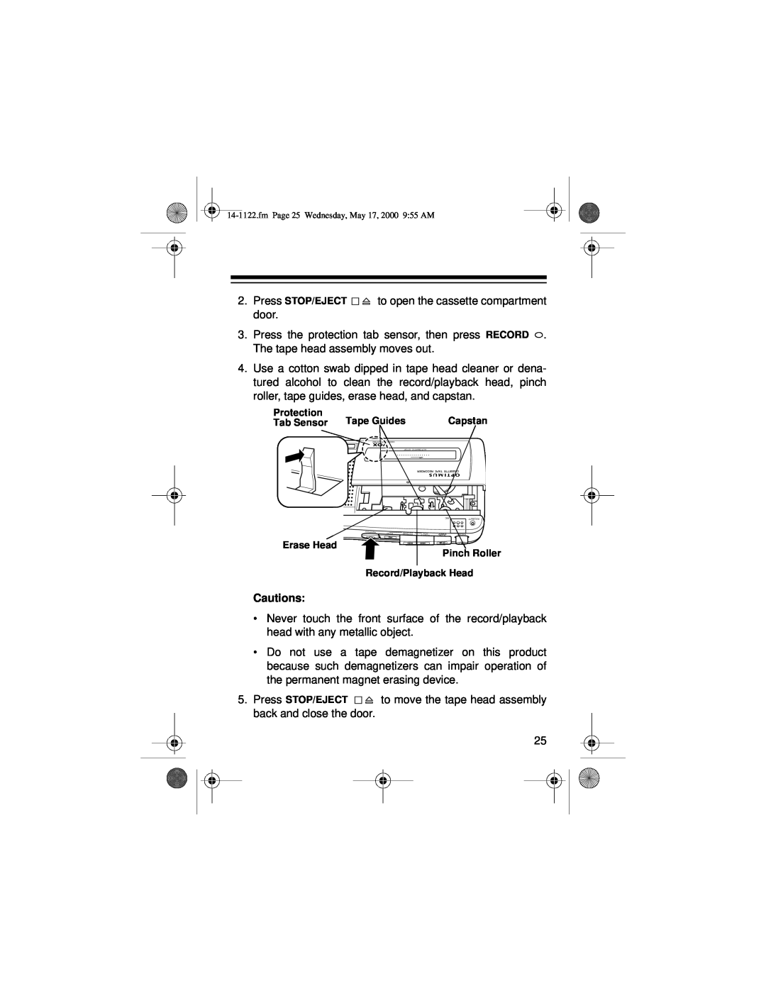 Optimus CTR-116 owner manual to open the cassette compartment, Cautions 