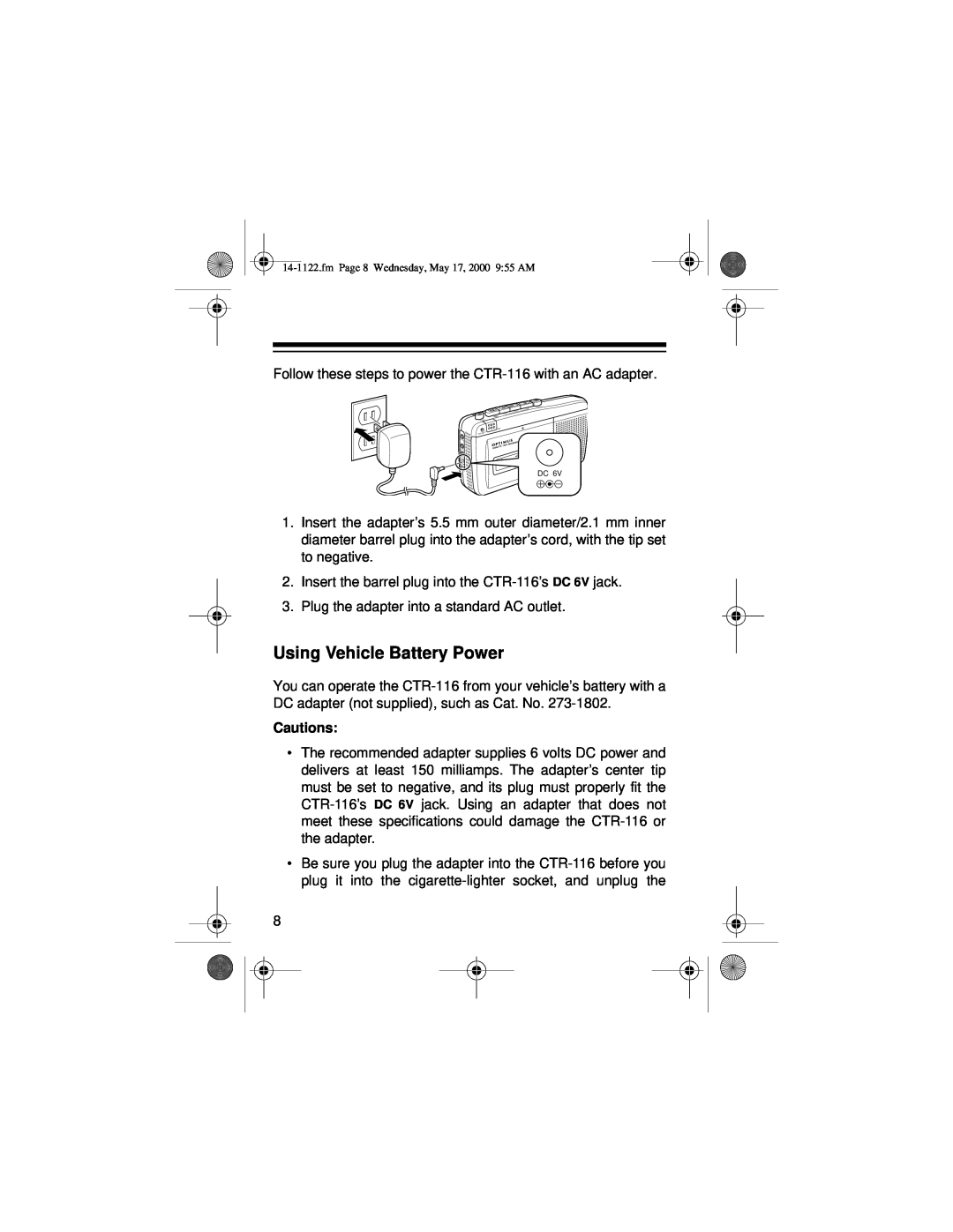 Optimus CTR-116 owner manual Using Vehicle Battery Power, Cautions 