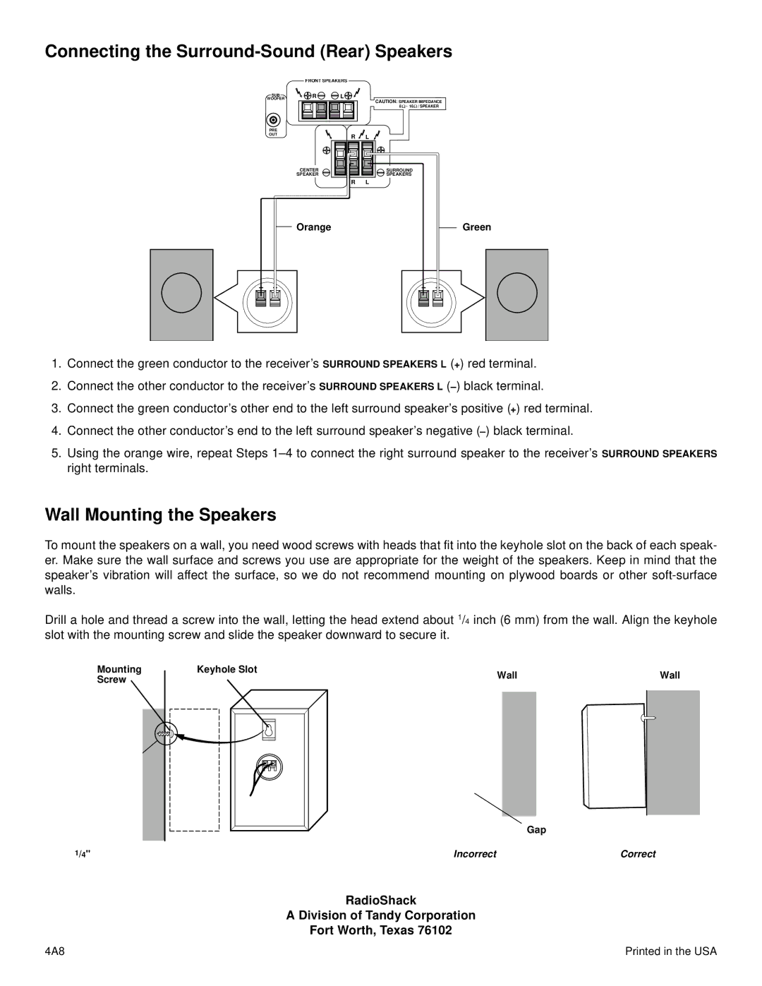 Optimus HTS-102 specifications Connecting the Surround-Sound Rear Speakers, Wall Mounting the Speakers 