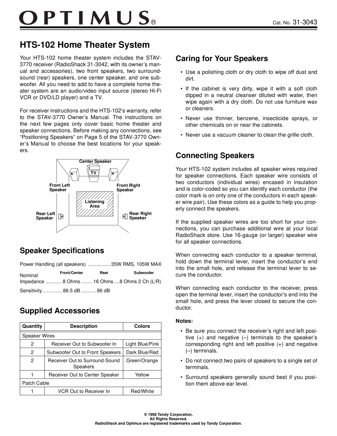 Optimus HTS-102 specifications Caring for Your Speakers, Connecting Speakers, Speaker Specifications, Supplied Accessories 