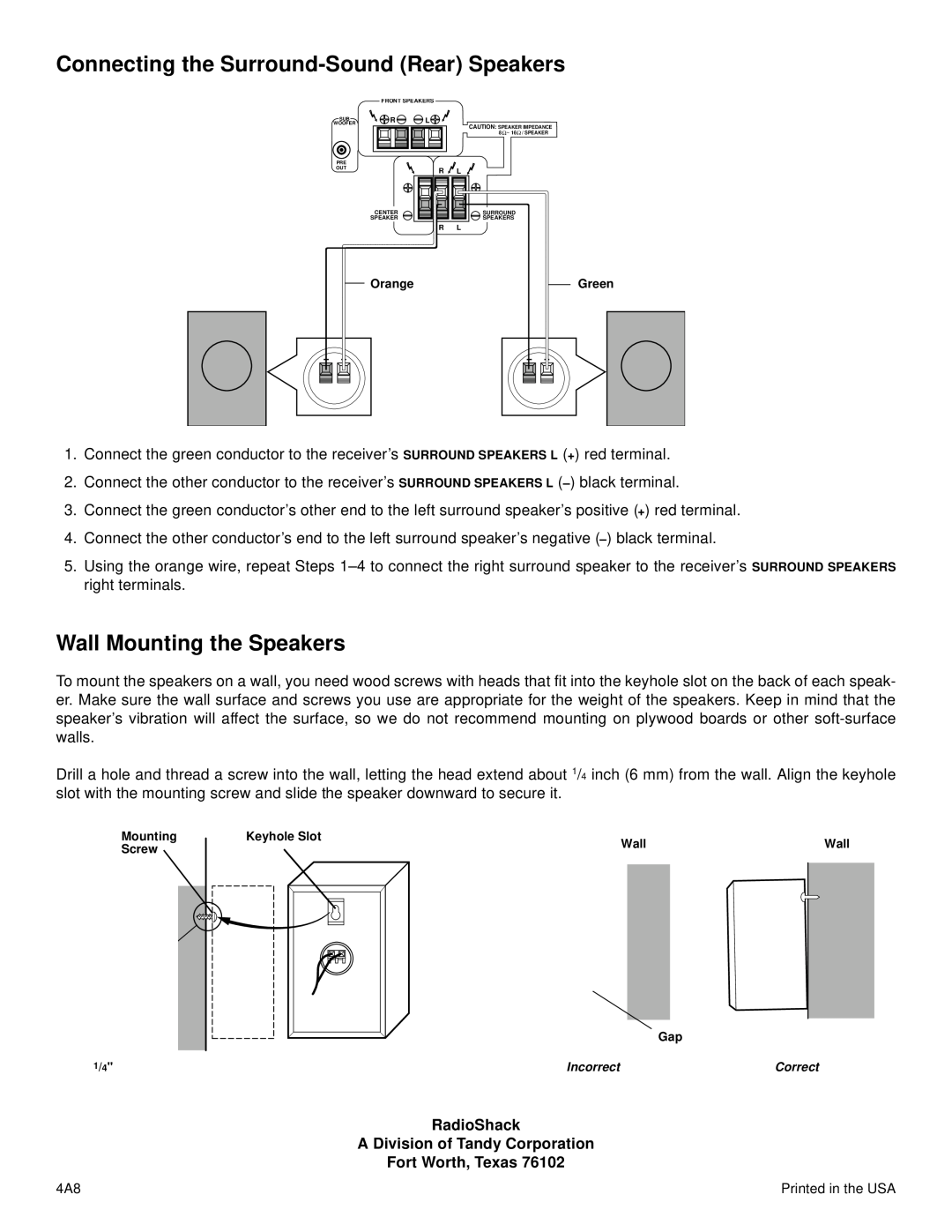 Optimus HTS-102 specifications Connecting the Surround-SoundRear Speakers, Wall Mounting the Speakers, Fort Worth, Texas 