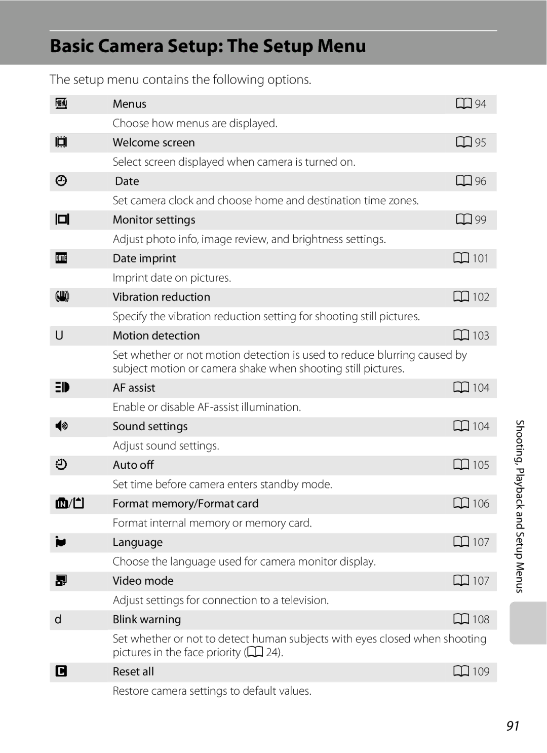 Optimus L100 user manual Basic Camera Setup The Setup Menu, Setup menu contains the following options, Motion detection 103 