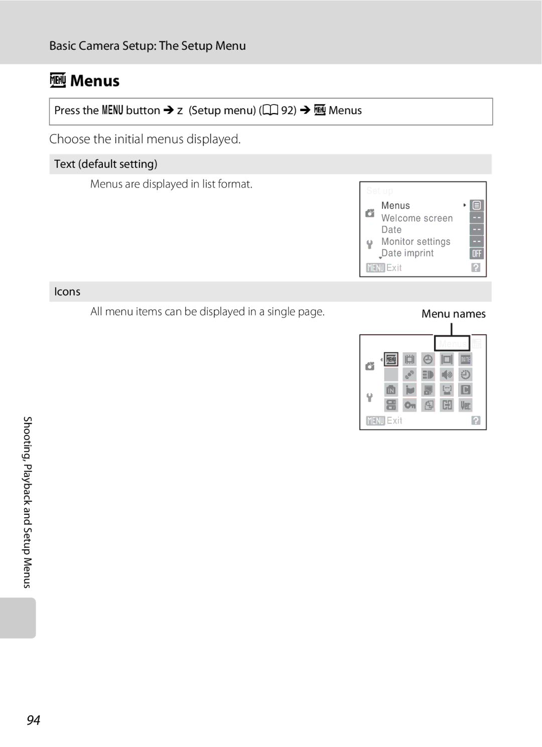 Optimus L100 user manual Choose the initial menus displayed, Press the dbutton M zSetup menu a 92 Ma Menus, Menu names 