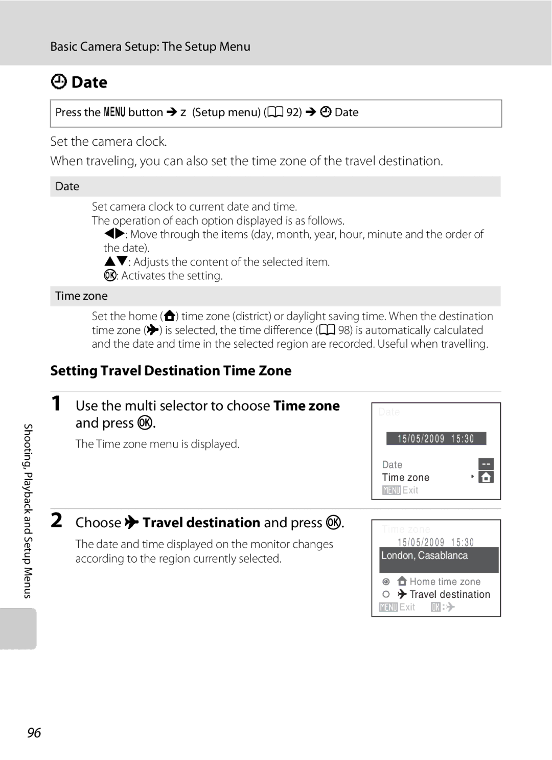 Optimus L100 user manual Date, Setting Travel Destination Time Zone, Use the multi selector to choose Time zone and press k 