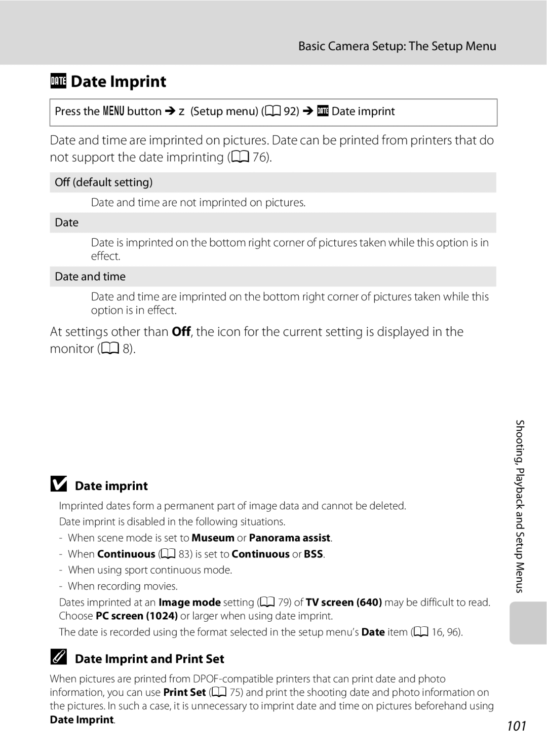 Optimus L100 FDate Imprint, 101, Date Imprint and Print Set, Press the dbutton M zSetup menu a 92 Mf Date imprint 