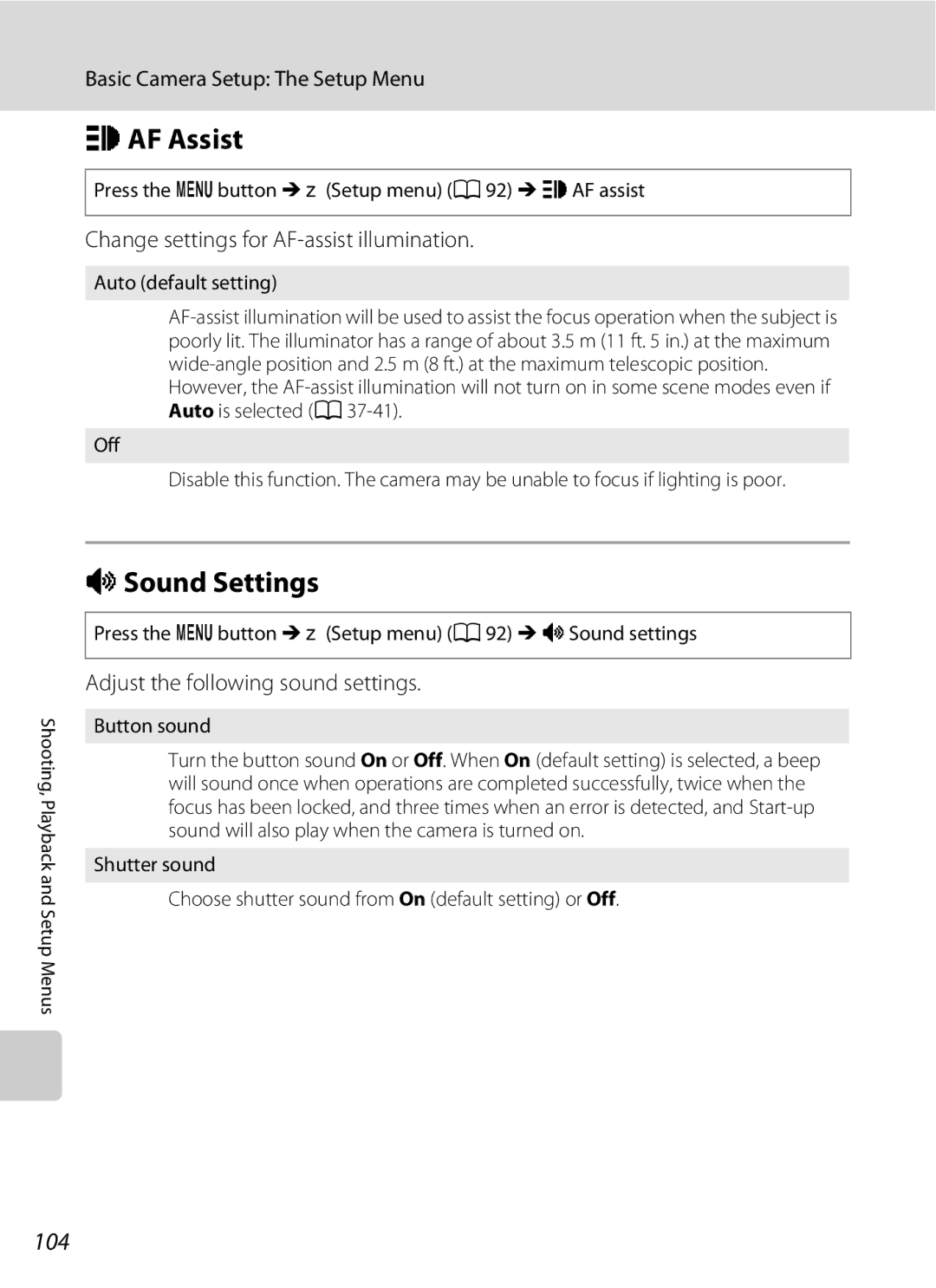 Optimus L100 user manual HAF Assist, ISound Settings, 104, Change settings for AF-assist illumination 