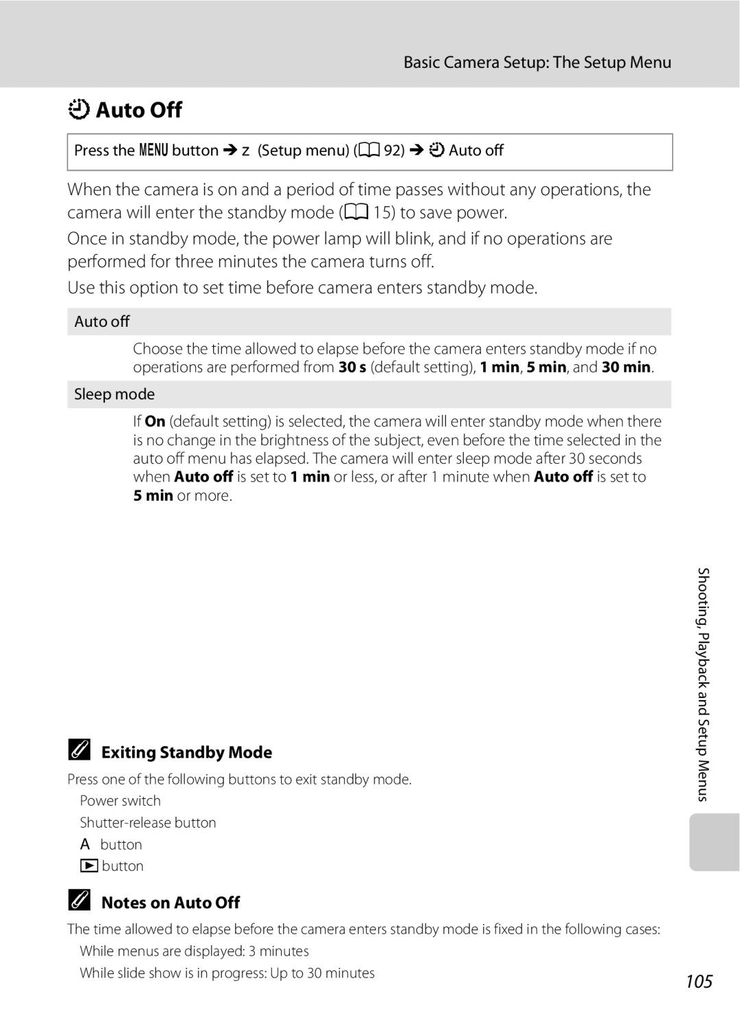 Optimus L100 user manual KAuto Off, Exiting Standby Mode, Press the dbutton M zSetup menu a 92 Mk Auto off 