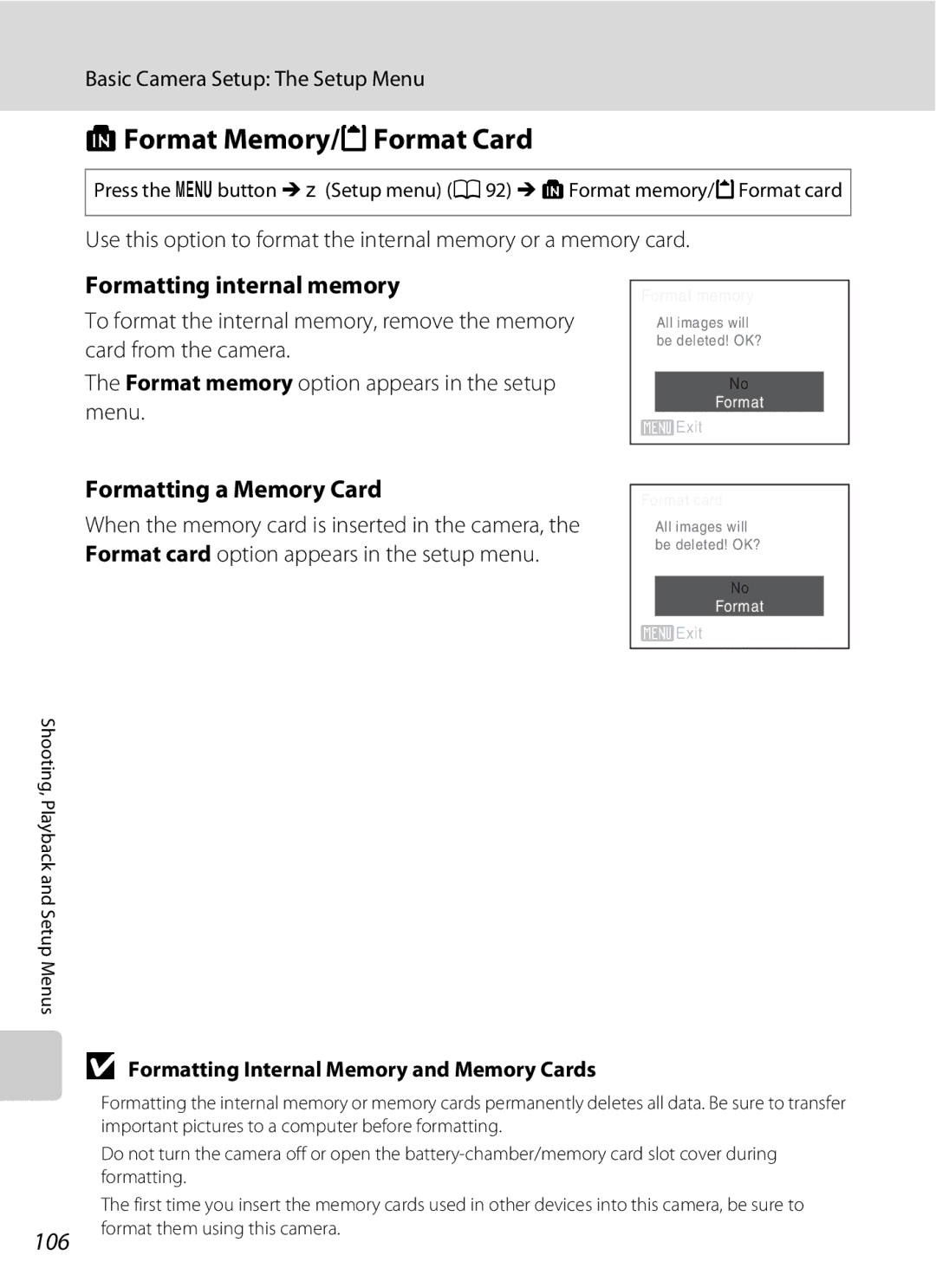 Optimus L100 user manual LFormat Memory/mFormat Card, Formatting internal memory, Formatting a Memory Card 