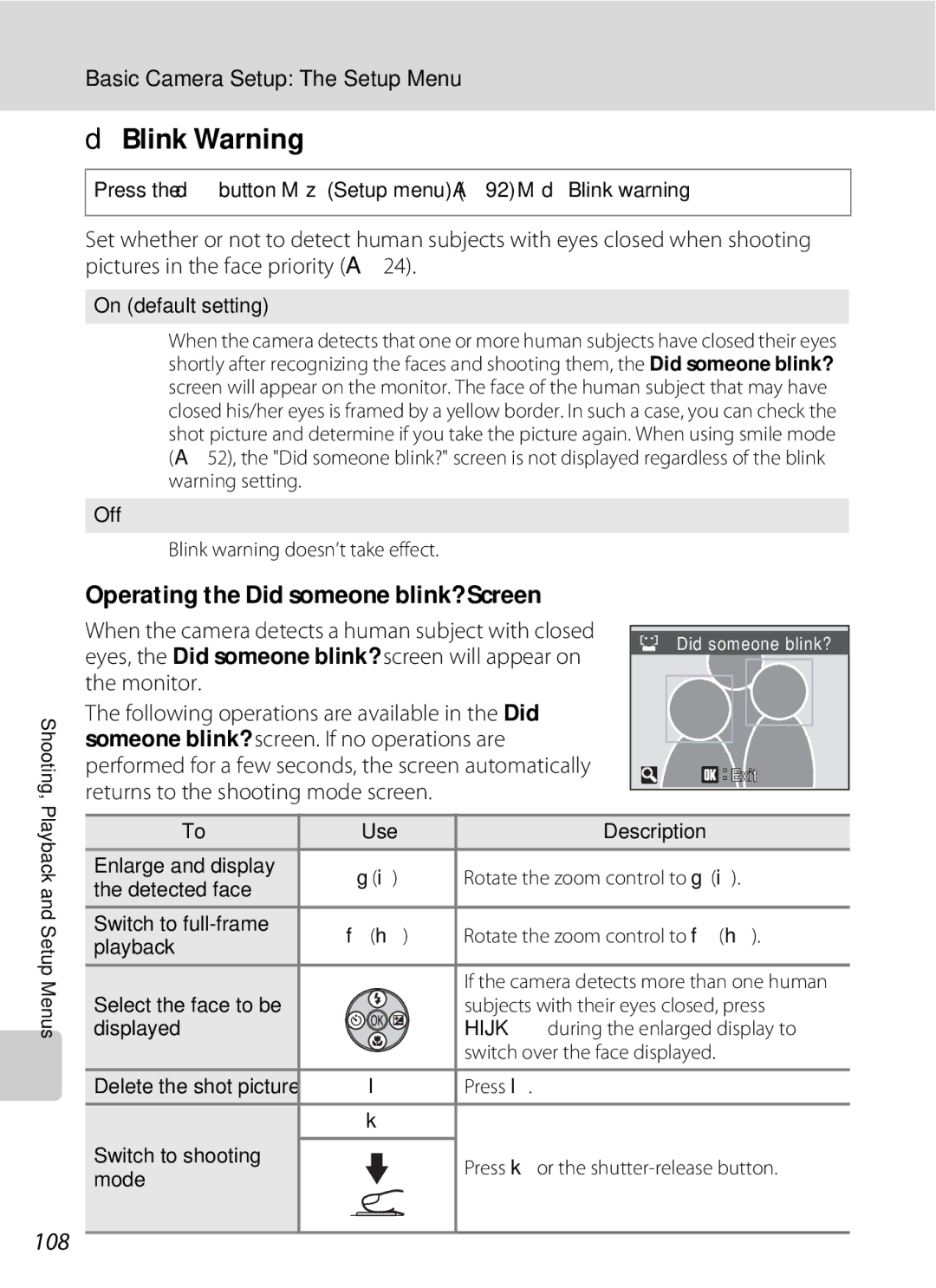 Optimus L100 user manual DBlink Warning, Operating the Did someone blink? Screen, 108 