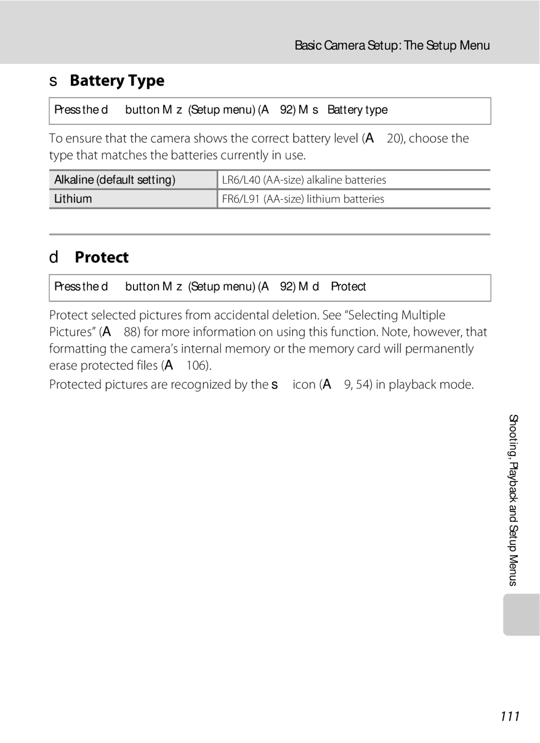 Optimus L100 user manual SBattery Type, Protect, 111, Press the dbutton M zSetup menu a 92 Ms Battery type 