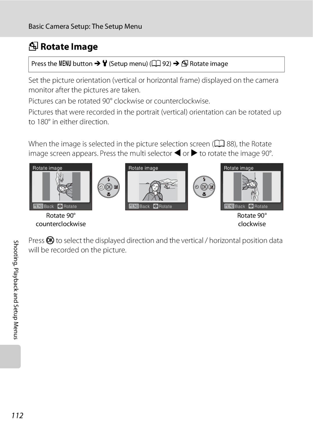 Optimus L100 user manual FRotate Image, 112, Press the dbutton M zSetup menu a 92 MfRotate image, Rotate Counterclockwise 