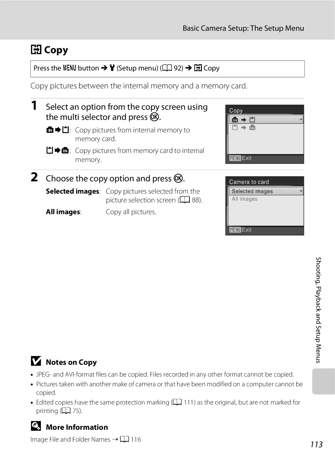 Optimus L100 user manual Copy, Select an option from the copy screen using, Multi selector and press k, 113 