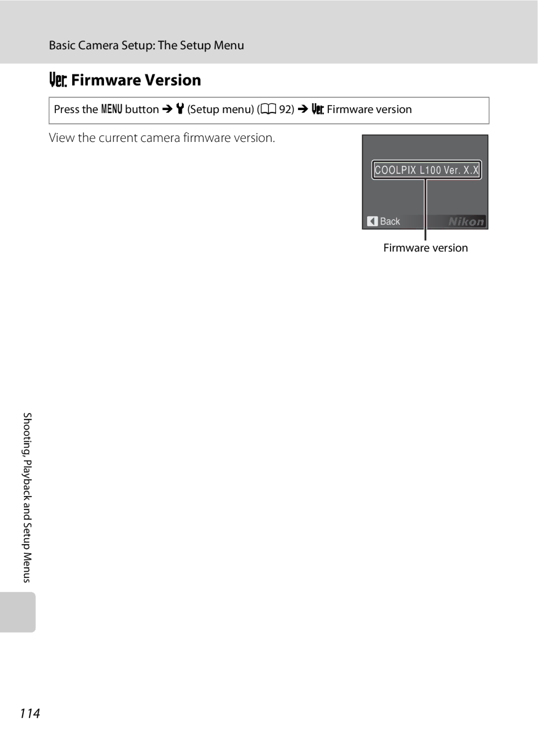 Optimus L100 user manual RFirmware Version, 114, View the current camera firmware version 