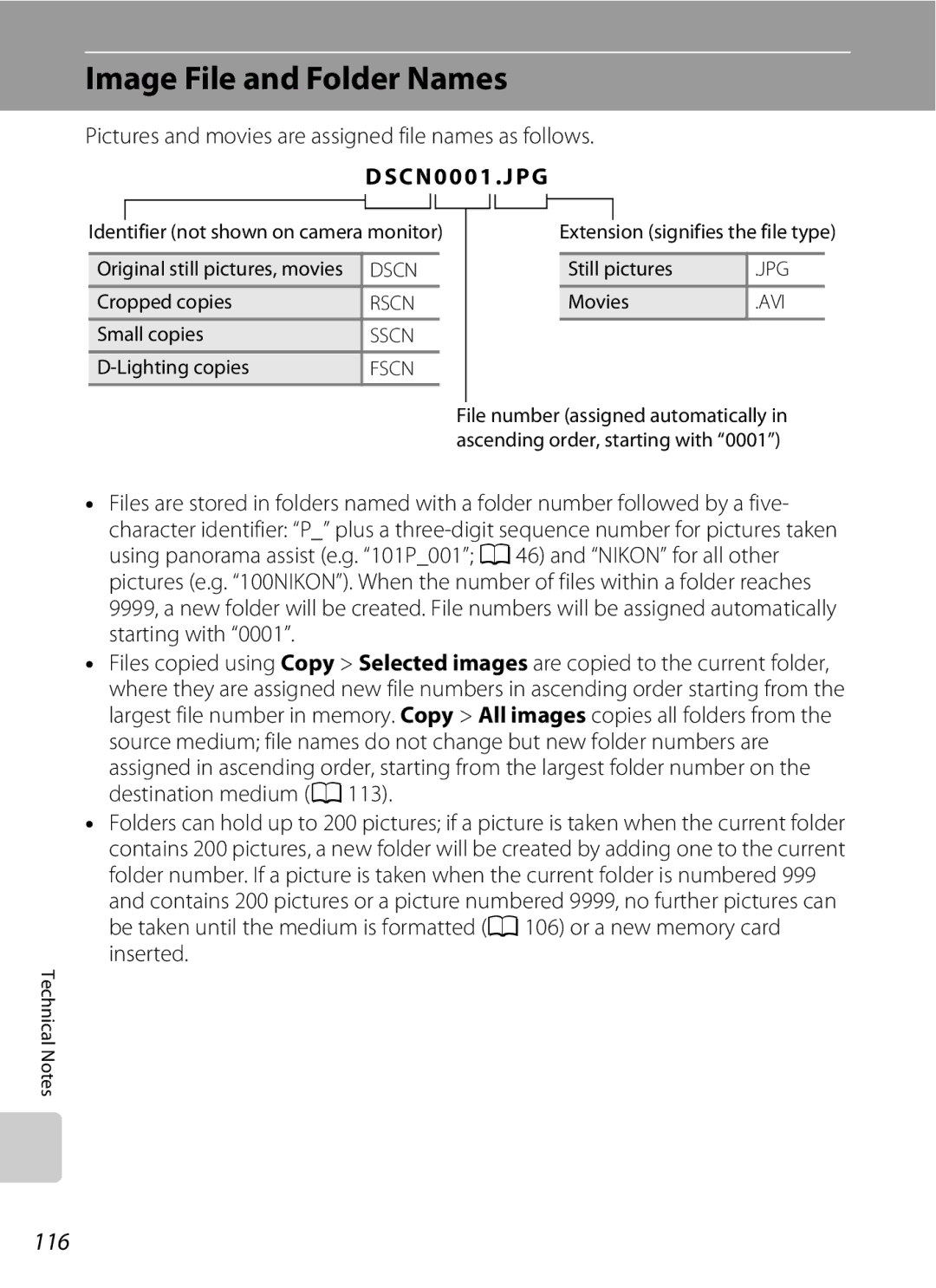 Optimus L100 Image File and Folder Names, 116, Pictures and movies are assigned file names as follows, DSCN0001 . JPG 