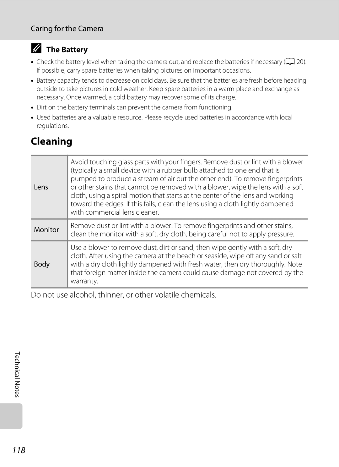 Optimus L100 Cleaning, 118, Caring for the Camera, Battery, Do not use alcohol, thinner, or other volatile chemicals 