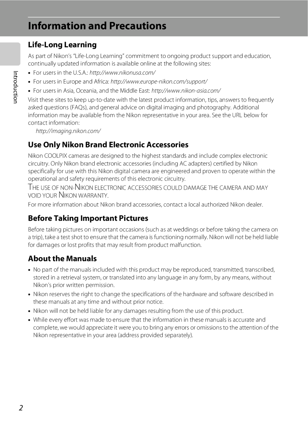 Optimus L100 user manual Information and Precautions, Life-Long Learning, Use Only Nikon Brand Electronic Accessories 