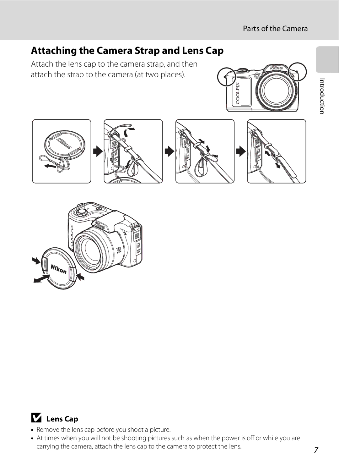 Optimus L100 user manual Attaching the Camera Strap and Lens Cap 