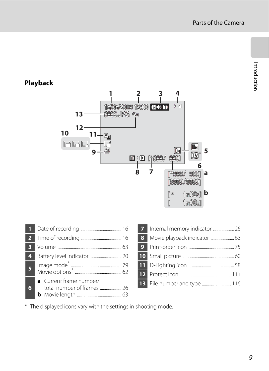 Optimus L100 user manual Playback, Current frame number, 111, 116, Displayed icons vary with the settings in shooting mode 