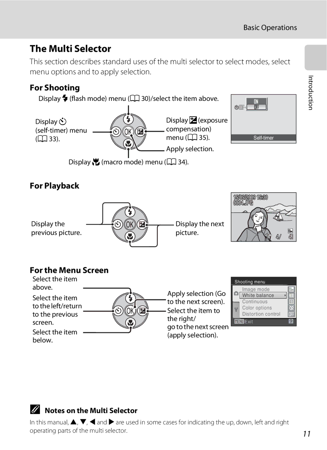 Optimus L100 user manual Multi Selector, For Shooting, For Playback, For the Menu Screen, Basic Operations 