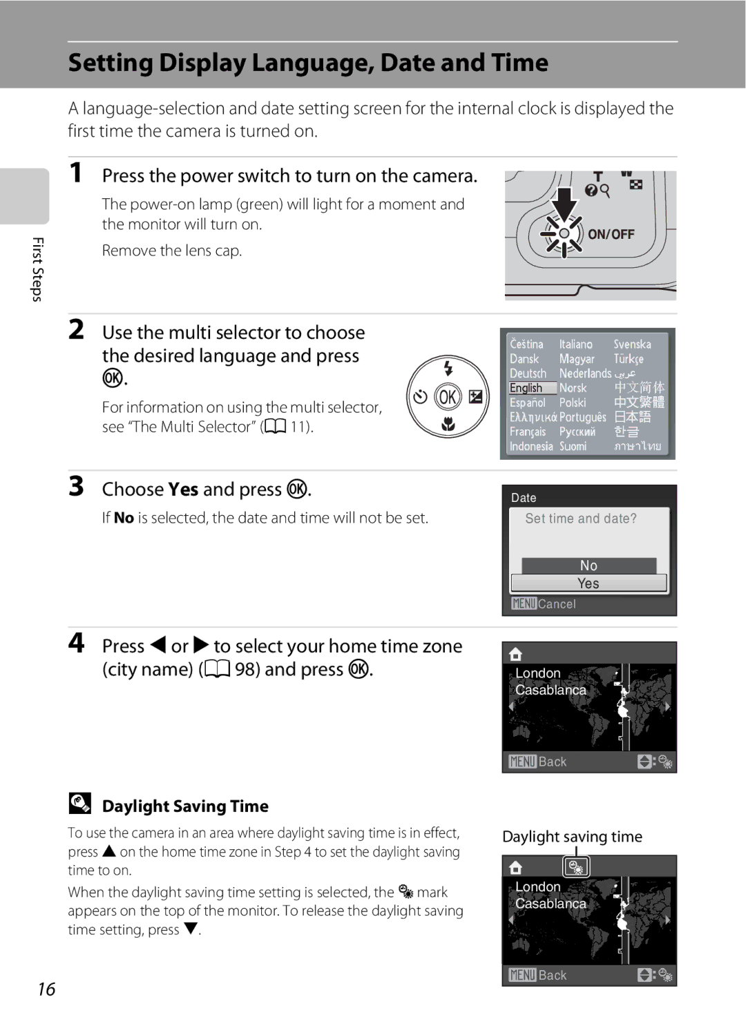 Optimus L100 Setting Display Language, Date and Time, Press the power switch to turn on the camera, Choose Yes and press k 