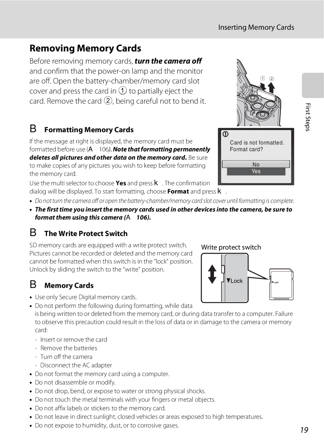 Optimus L100 user manual Removing Memory Cards, Inserting Memory Cards, Formatting Memory Cards, Write Protect Switch 