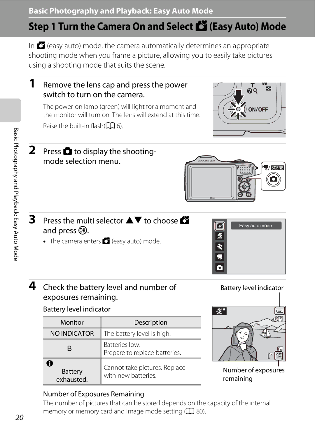 Optimus L100 user manual Check the battery level and number, Exposures remaining, Battery level indicator 