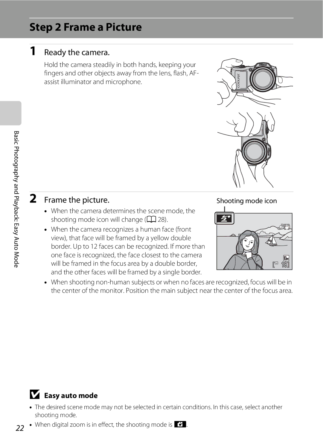 Optimus L100 user manual Frame a Picture, Ready the camera, Frame the picture, Easy auto mode 