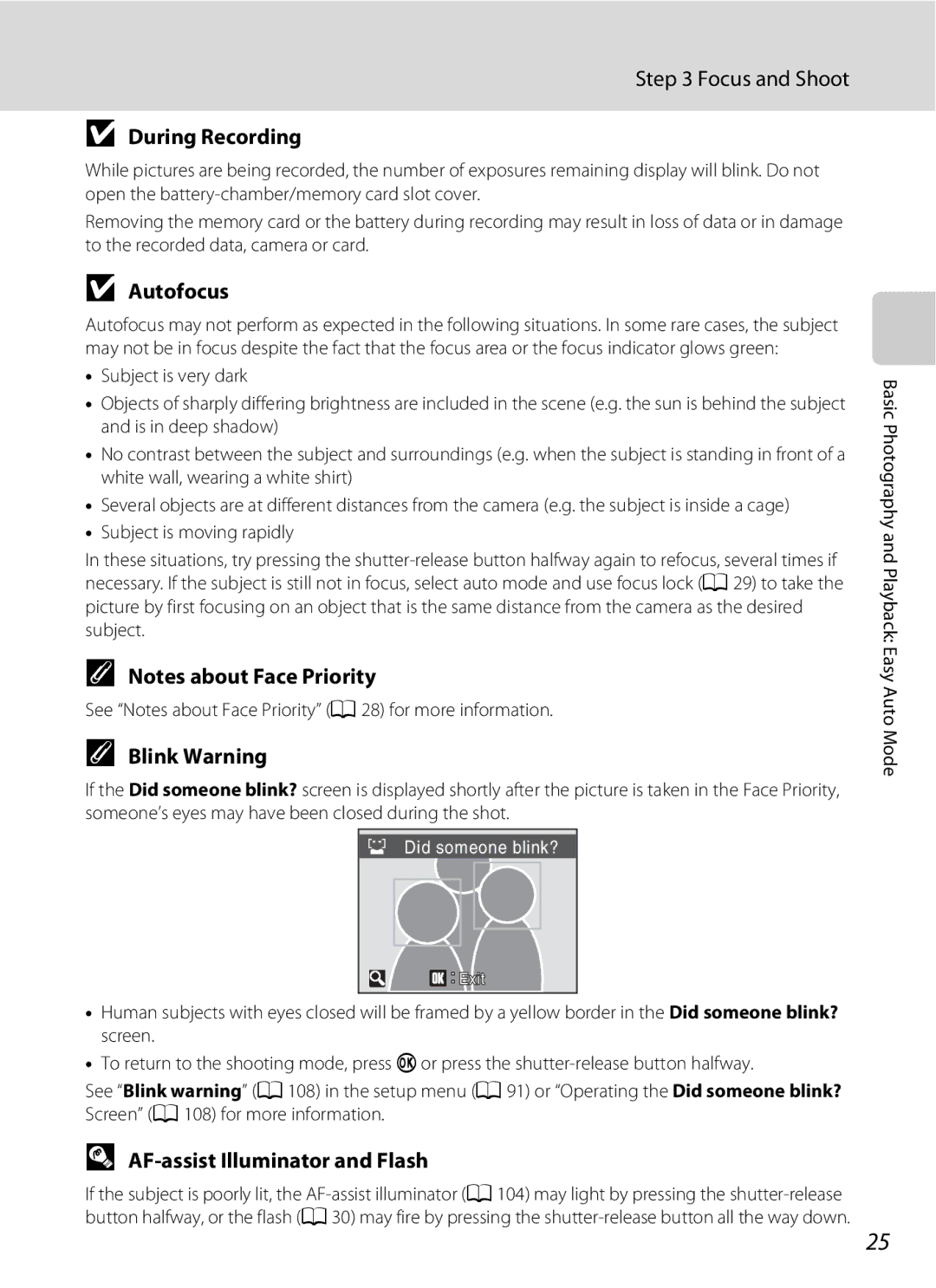 Optimus L100 user manual Focus and Shoot, During Recording, Autofocus, Blink Warning, AF-assist Illuminator and Flash 