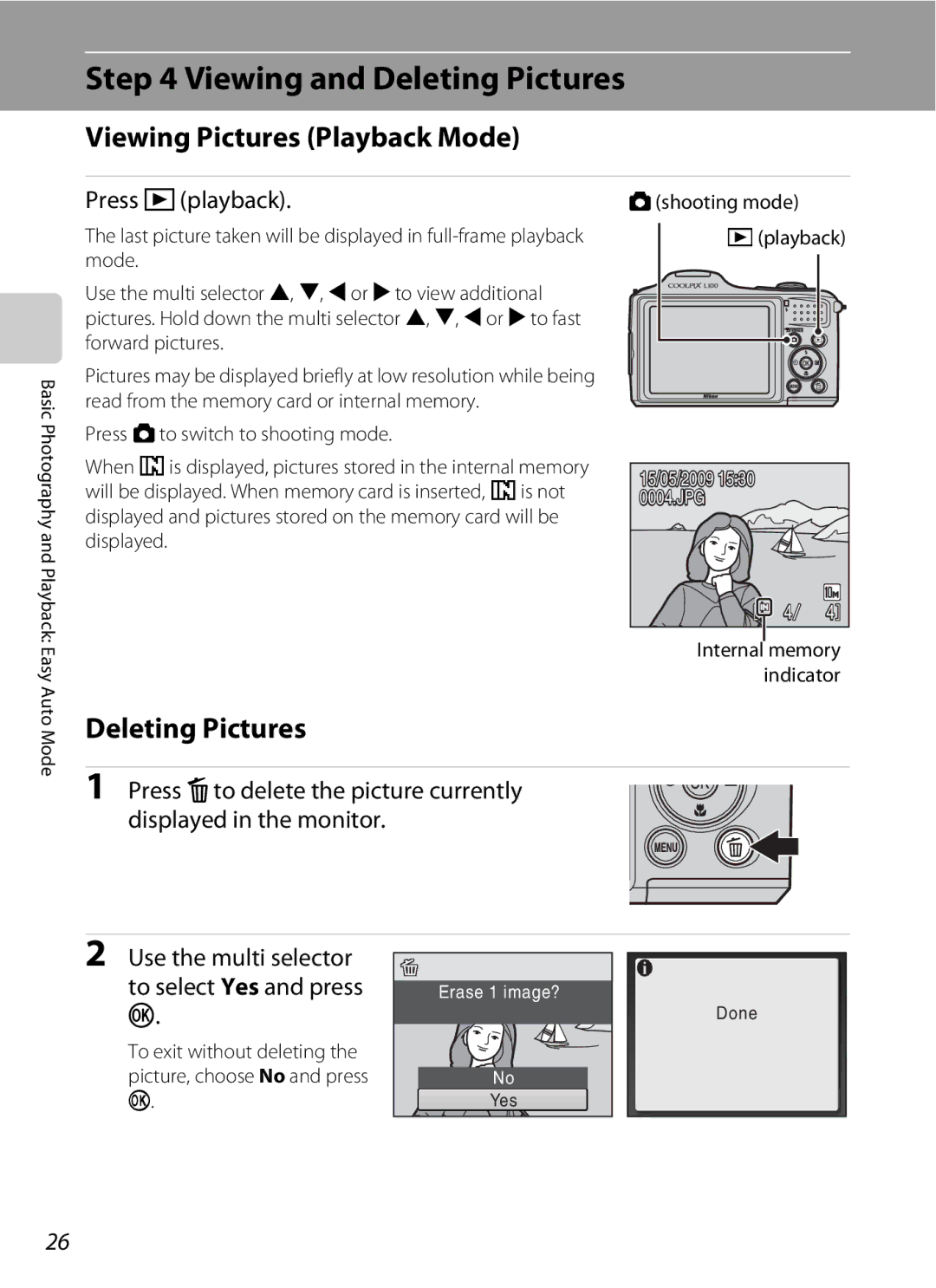 Optimus L100 user manual Viewing and Deleting Pictures, Viewing Pictures Playback Mode, Press cplayback 