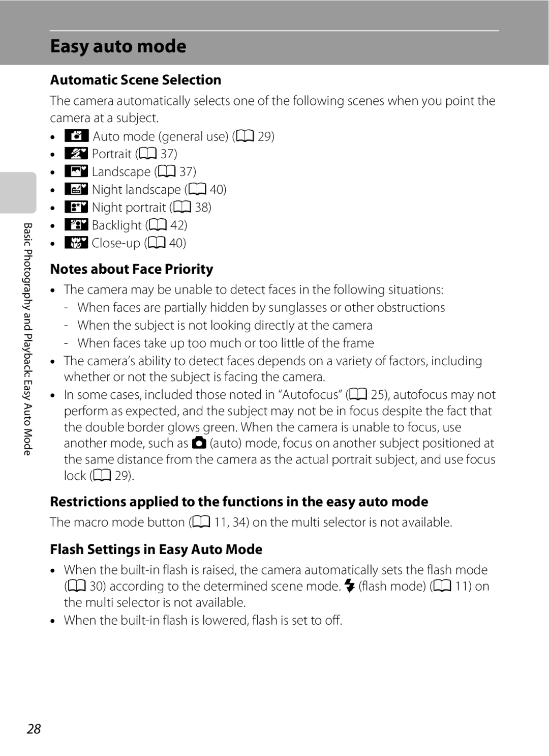 Optimus L100 Easy auto mode, Automatic Scene Selection, Restrictions applied to the functions in the easy auto mode 