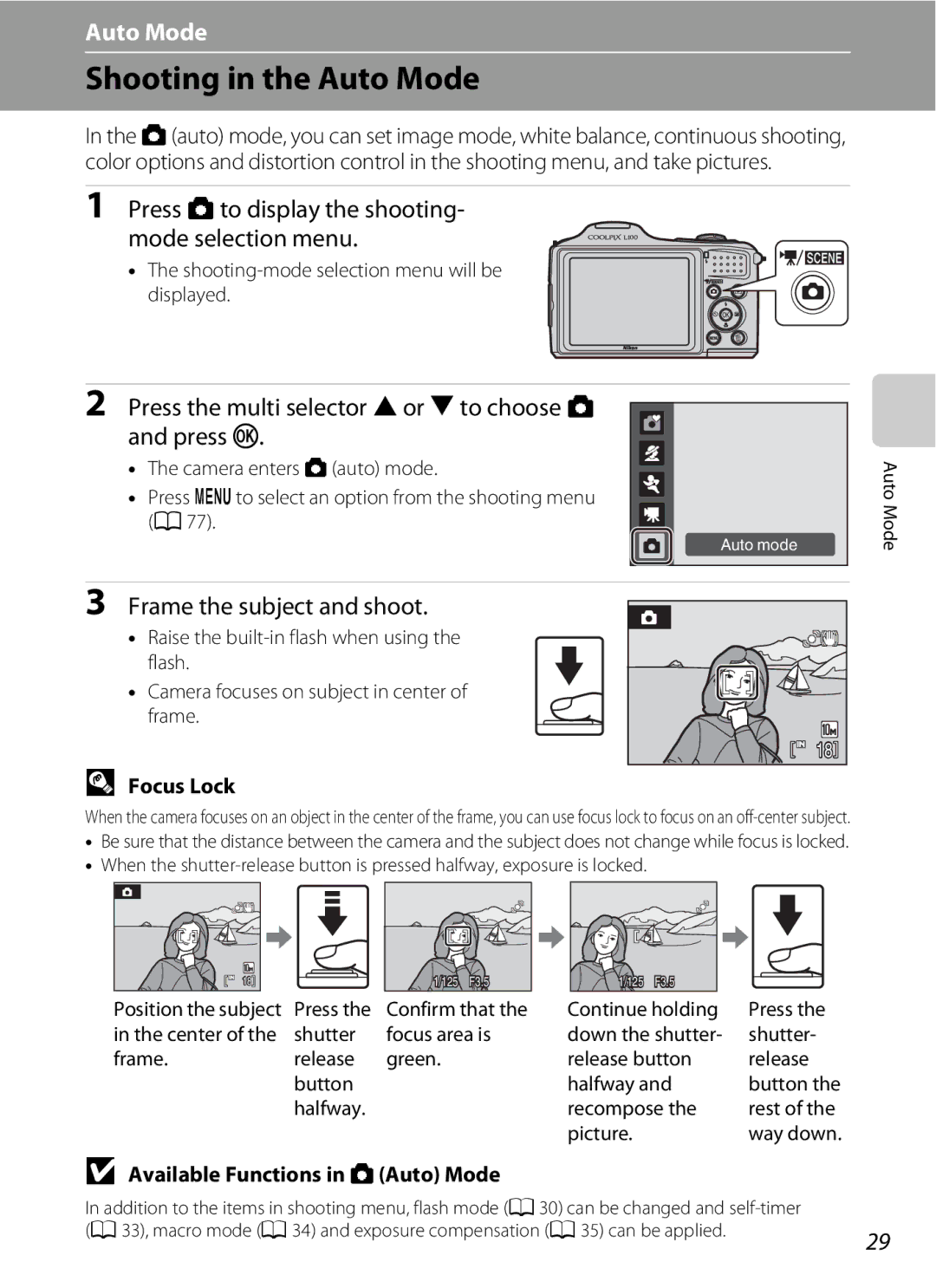 Optimus L100 Shooting in the Auto Mode, Press Ato display the shooting Mode selection menu, Frame the subject and shoot 