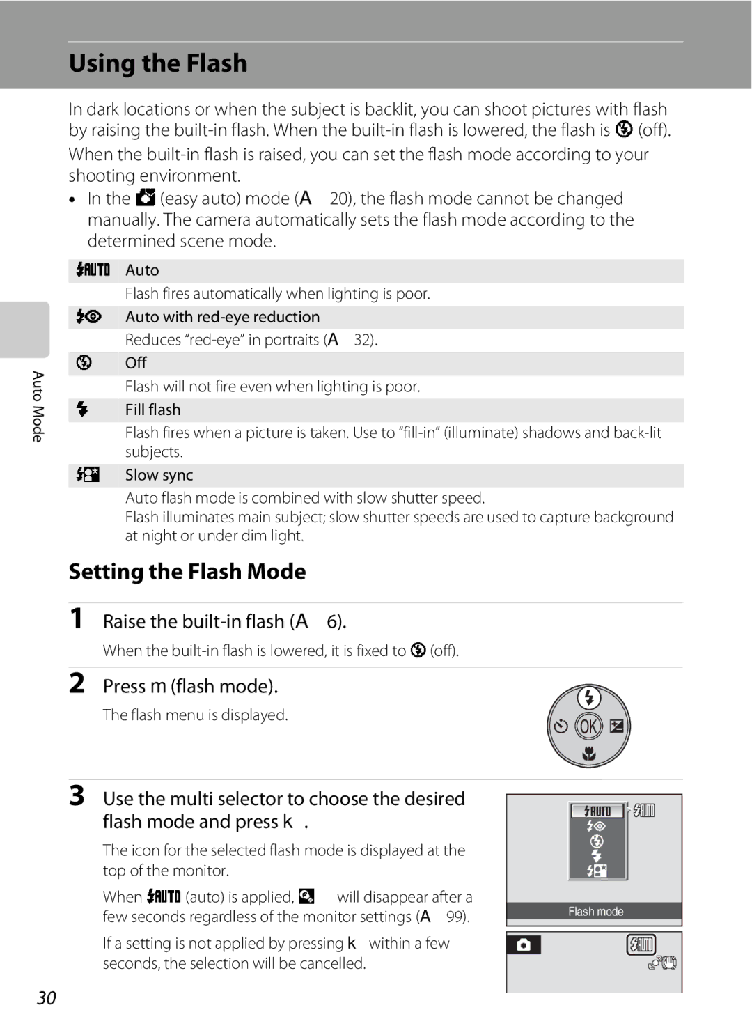 Optimus L100 user manual Using the Flash, Setting the Flash Mode, Raise the built-in flash a, Press mflash mode 