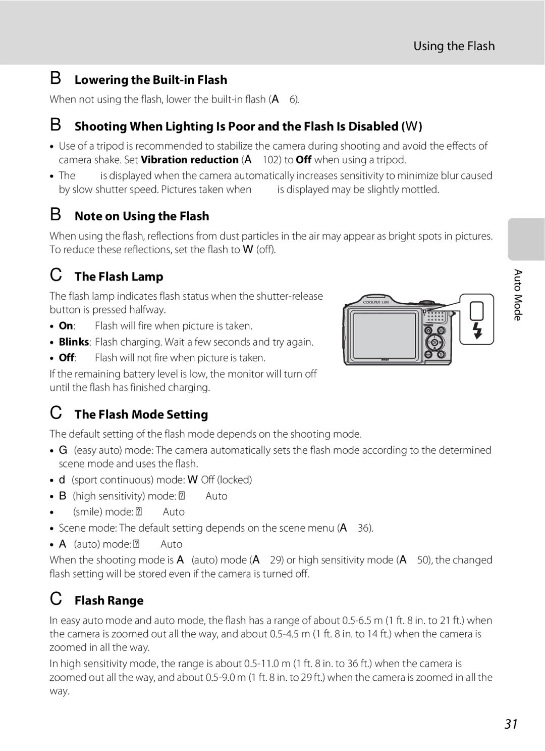 Optimus L100 Lowering the Built-in Flash, Shooting When Lighting Is Poor and the Flash Is Disabled W, Flash Lamp 