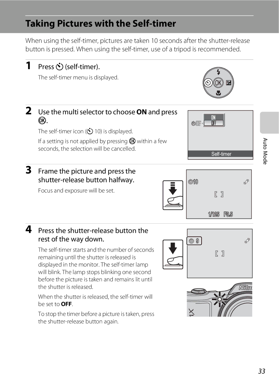 Optimus L100 Taking Pictures with the Self-timer, Press nself-timer, Use the multi selector to choose on and press 