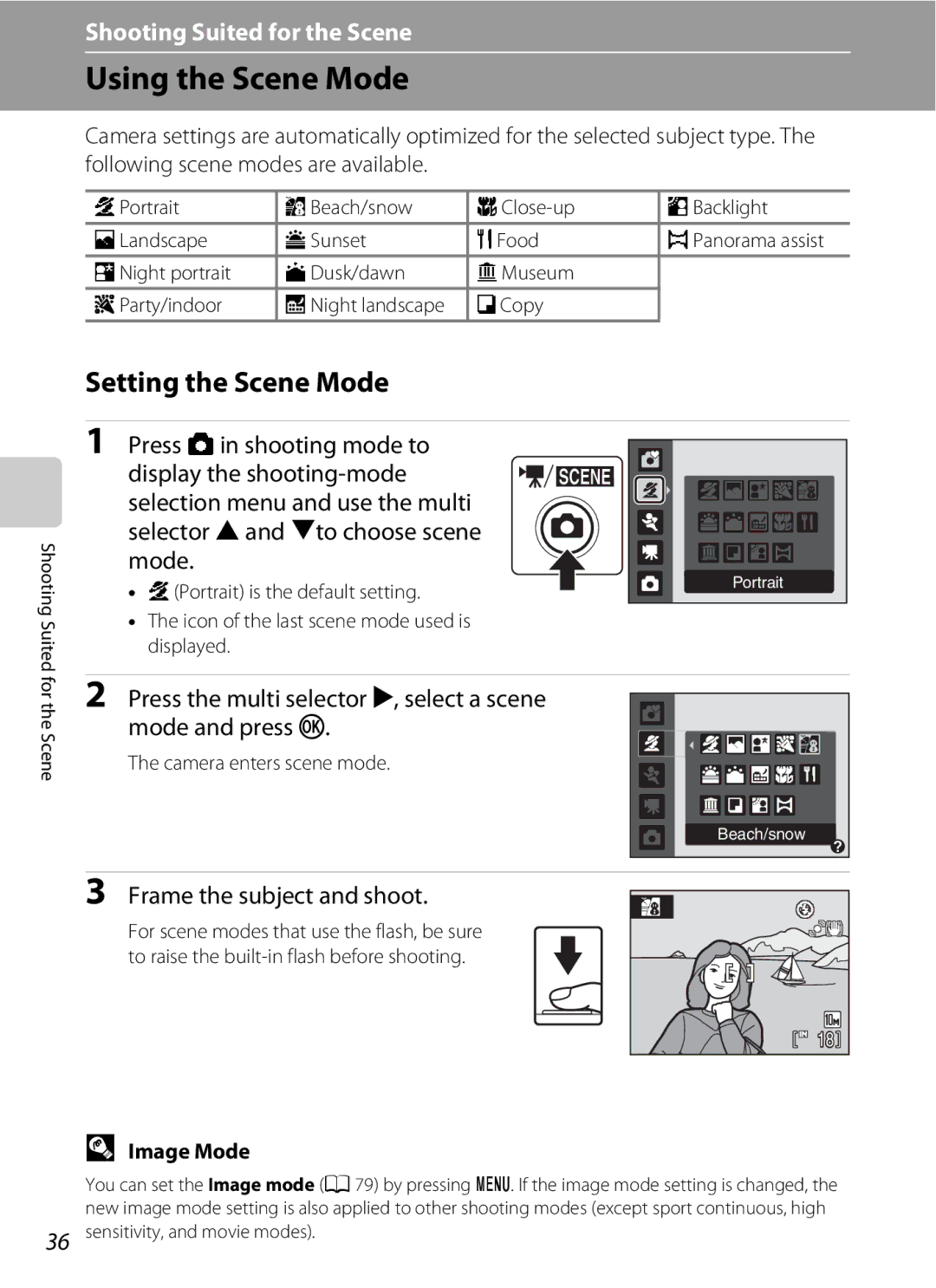 Optimus L100 Using the Scene Mode, Setting the Scene Mode, Press the multi selector K, select a scene mode and press k 