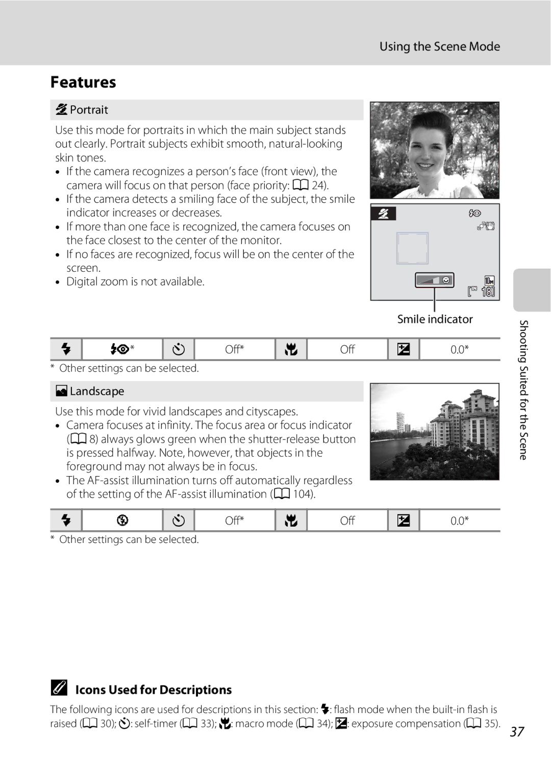 Optimus L100 user manual Features, Using the Scene Mode, Icons Used for Descriptions, Smile indicator 