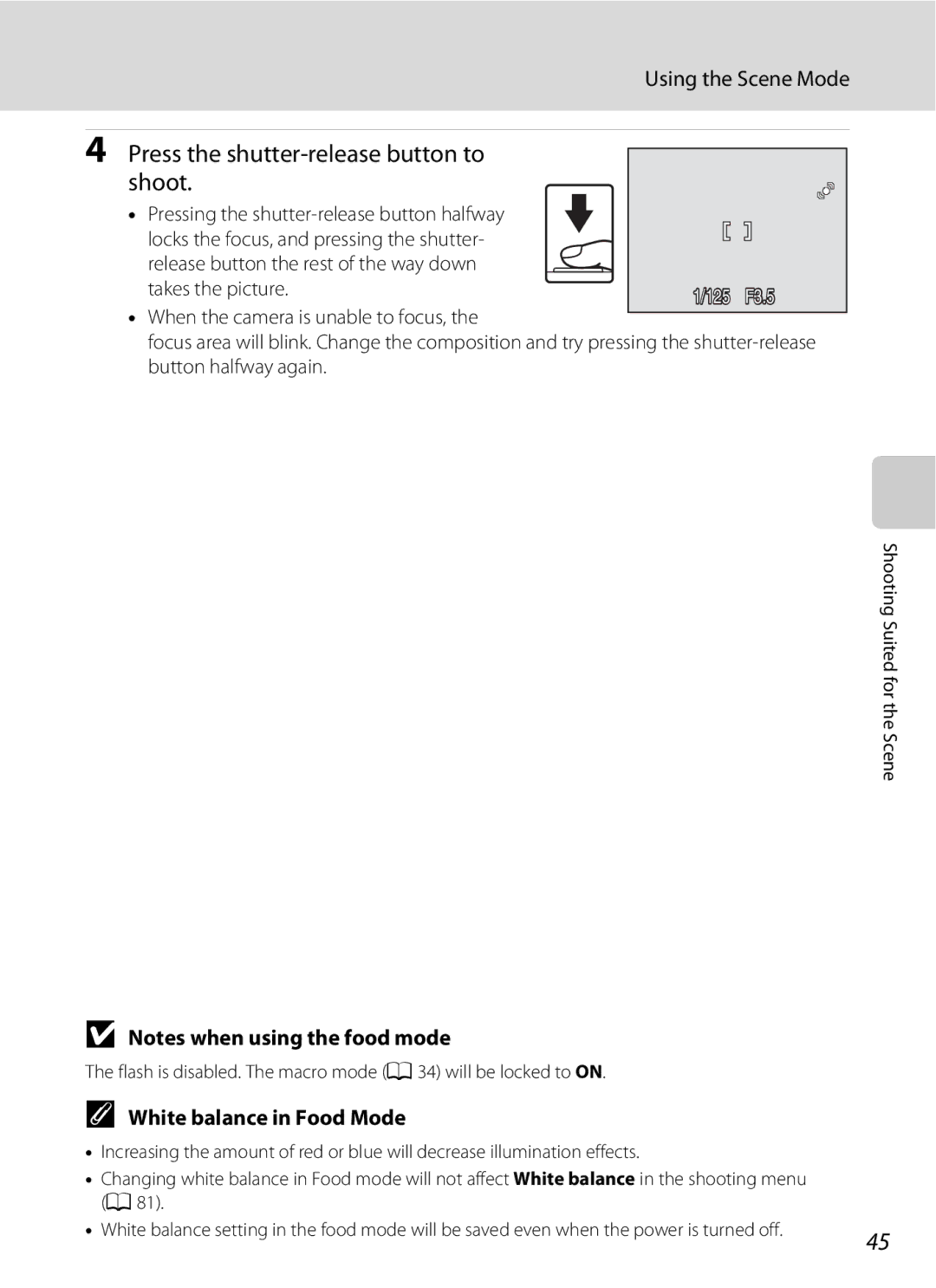 Optimus L100 user manual Press the shutter-release button to Shoot, White balance in Food Mode 