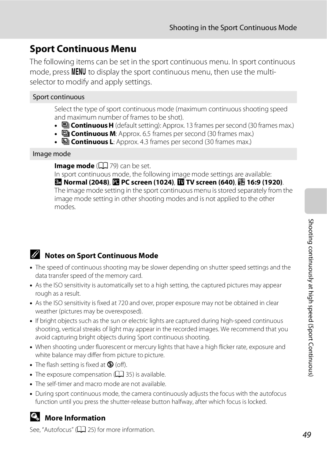 Optimus L100 user manual Sport Continuous Menu, Shooting in the Sport Continuous Mode 