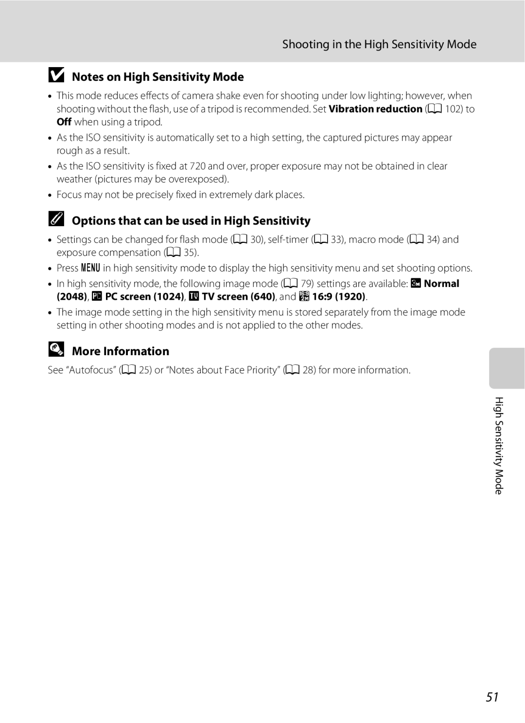 Optimus L100 user manual Shooting in the High Sensitivity Mode, Options that can be used in High Sensitivity 