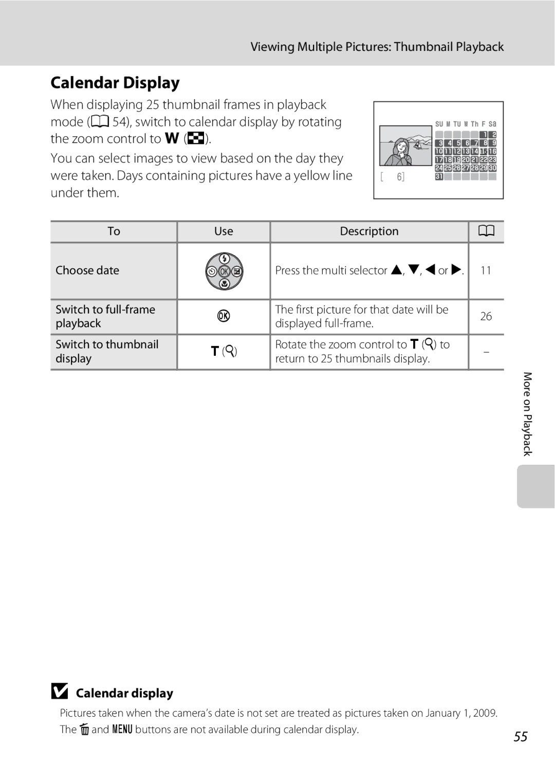 Optimus L100 Calendar Display, Viewing Multiple Pictures Thumbnail Playback, Calendar display, Use Description Choose date 